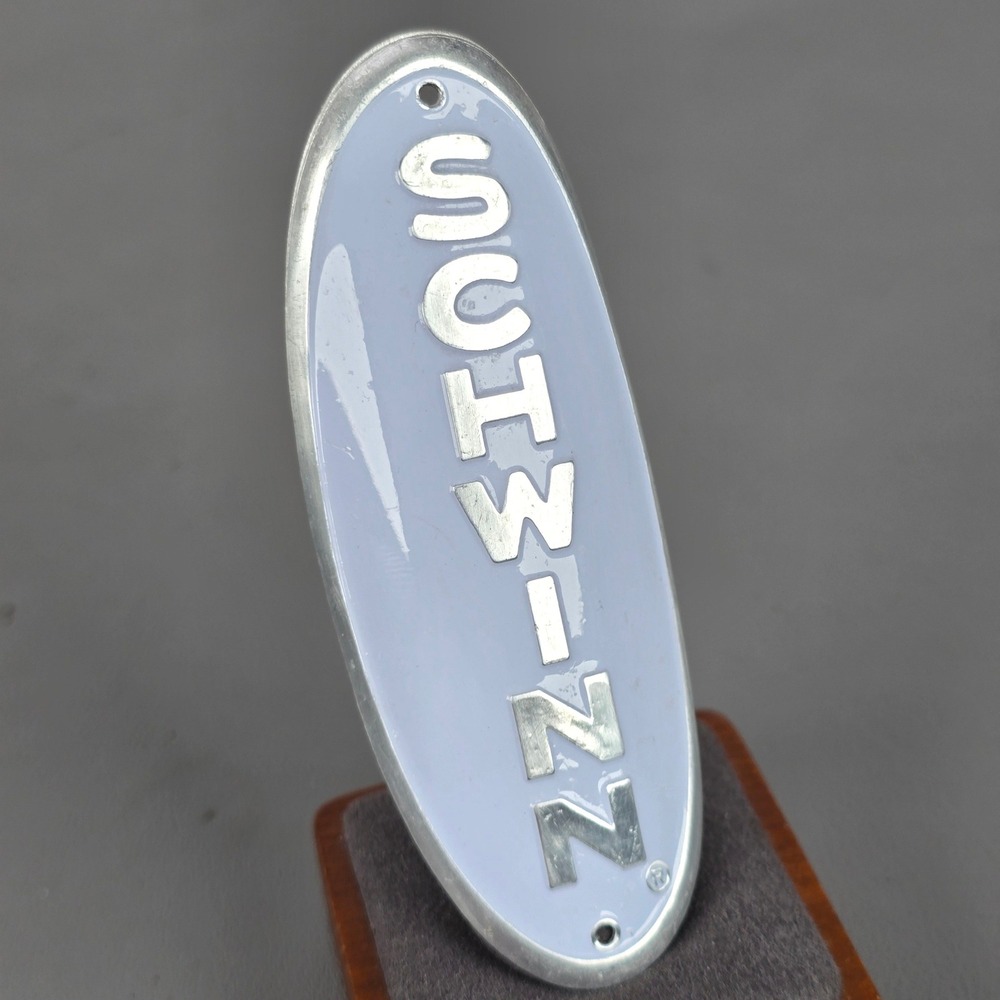 Schwinn Bicycle Head Tube Badge Aluminum Oval Emblem Off White Silver Tone READ
